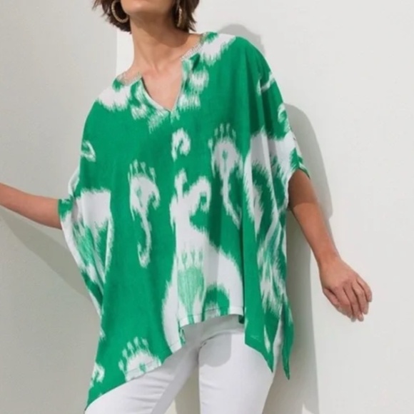 Chico's Tops - Chico's S/M green white Ikat embellished poncho style tunic Small Medium